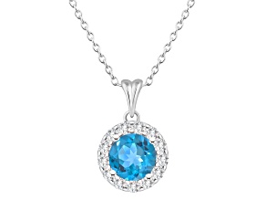 7mm Round Swiss Blue Topaz and White Topaz Accent Rhodium Over Sterling Silver Halo Pendant w/Chain