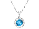 7mm Round Swiss Blue Topaz and White Topaz Accent Rhodium Over Sterling Silver Halo Pendant w/Chain