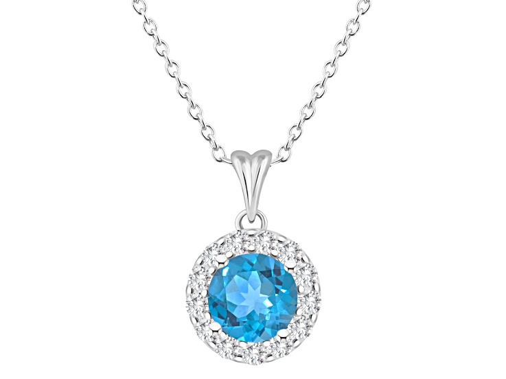 7mm Round Swiss Blue Topaz and White Topaz Accent Rhodium Over Sterling Silver Halo Pendant w/Chain