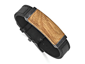 Black Leather and Stainless Steel Black IP-plated Bourbon Barrel Wood Bracelet