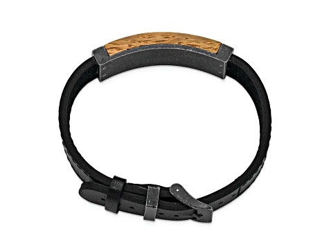Black Leather and Stainless Steel Black IP-plated Bourbon Barrel Wood Bracelet