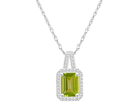 8x6mm Emerald Cut Peridot 1/6 ctw Diamond Rhodium Over Sterling Silver Halo Pendant with Chain