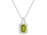 8x6mm Emerald Cut Peridot 1/6 ctw Diamond Rhodium Over Sterling Silver Halo Pendant with Chain