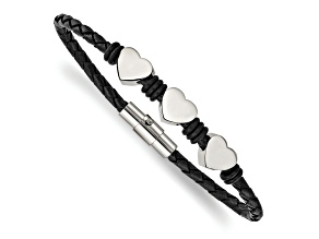 Black Leather and Stainless Steel with Polished Hearts 7.5-inch Bracelet