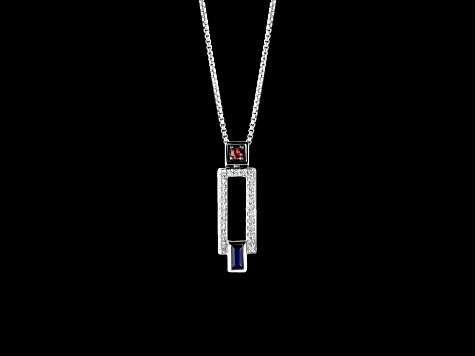 Star Wars™ Fine Jewelry R2 Series Sapphire, Garnet & Diamond Rhodium Over Silver Pendant 0.38ctw