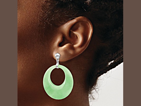 Rhodium Over Sterling Silver Polished Jadeite Circle Post Dangle Earrings