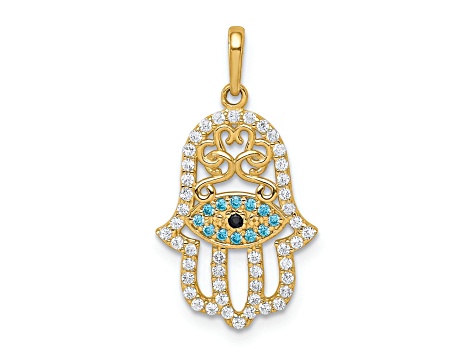 14k Yellow Gold Multi-colored Cubic Zirconia Hamsa Pendant