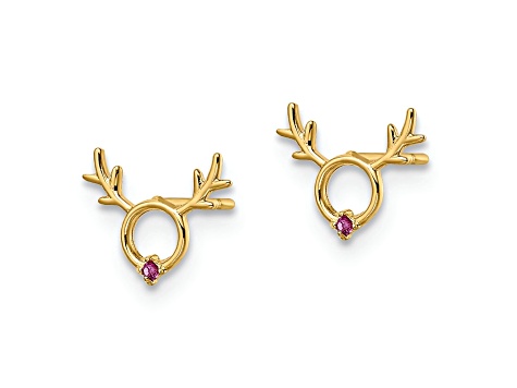 14K Yellow Gold Red Cubic Zirconia Reindeer Post Earrings