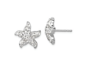 Rhodium Over Sterling Silver White Crystal Starfish Post Earrings
