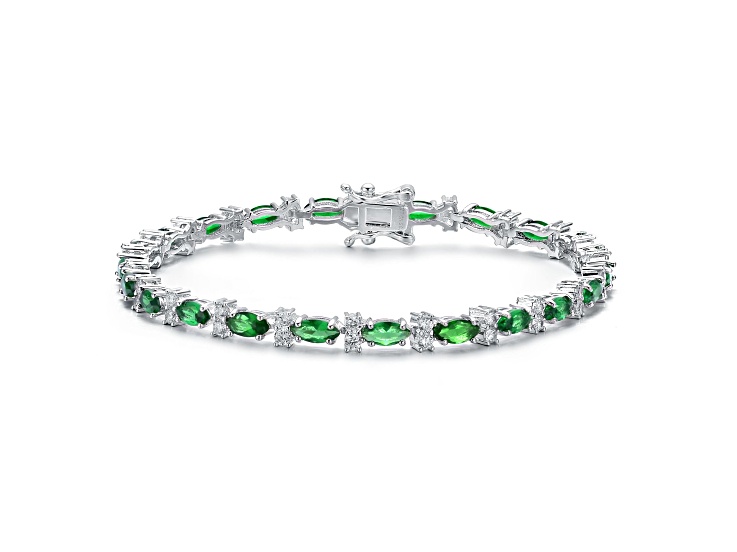 Emerald Green Cubic Zirconia, Rhodium Plated over Brass Tennis Bracelet