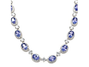 Tanzanite 8x6mm Oval and White Zircon Rhodium Over Sterling Silver Necklace