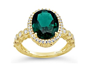 Judith Ripka Emerald Simulant With Bella Luce® Diamond Simulant 14k Gold Clad Halo Ring 4.93ctw