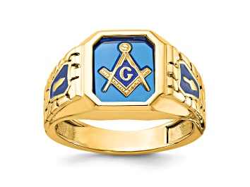 Picture of 10K Yellow Gold Textured with Enamel and Lab Created Sapphire Blue Lodge Masonic Ring