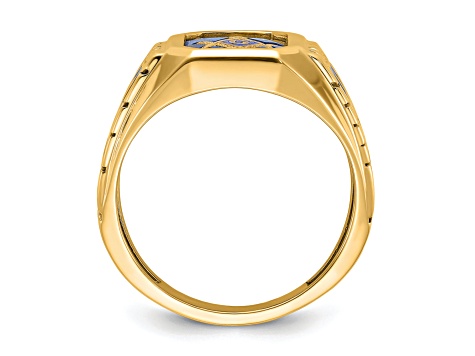 10K Yellow Gold Textured with Enamel and Lab Created Sapphire Blue Lodge Masonic Ring