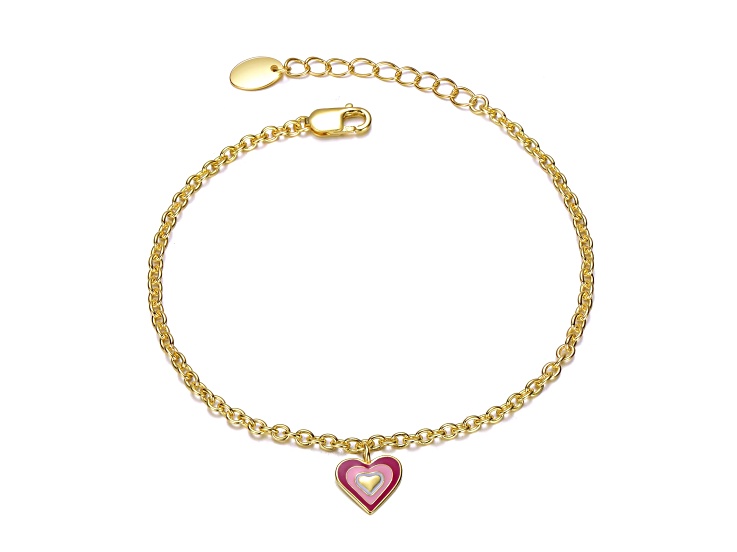 14K Gold Plated over Sterling Silver Red & Pink Enamel Halo Heart Charm Bracelet for Kids