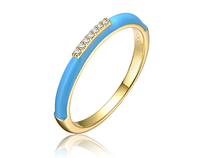 Clear Cubic Zirconia, 14K Gold Plated with Blue Enamel Slim Stacking Band Ring for Kids