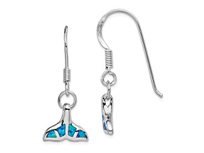 Rhodium Over Sterling Silver Lab Created Opal Dolphin Tail Dangle Earrings