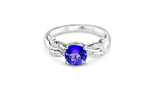 6.5mm Round Tanzanite and White CZ Rhodium Over Sterling Silver Ring, 1.08ctw
