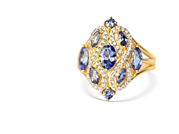 Picture of 18K Yellow Gold Over Sterling Silver Mixed Shape Tanzanite and White Zircon Ring 0.95ctw