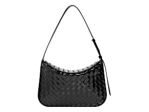 Bottega Veneta Intrecciato Patent Black Leather Flap Small Shoulder Bag