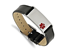 Black Leather and Stainless Steel Polished Enamel Adjustable 6.5-inch - 8.25-inch Medical Bracelet
