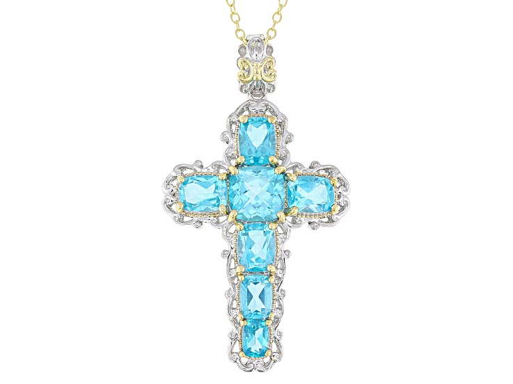 Paraiba Color Topaz Rhodium & 24k Gold Over Palladium Sterling Silver Cross Pendant W/Chain 11.27ctw