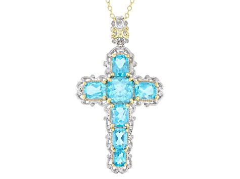 Paraiba Color Topaz Rhodium & 24k Gold Over Palladium Sterling Silver Cross Pendant W/Chain 11.27ctw