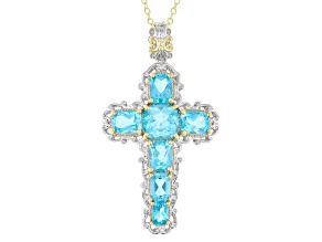 Paraiba Color Topaz Rhodium & 24k Gold Over Palladium Sterling Silver Cross Pendant W/Chain 11.27ctw