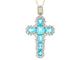 Paraiba Color Topaz Rhodium & 24k Gold Over Palladium Sterling Silver Cross Pendant W/Chain 11.27ctw