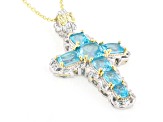 Paraiba Color Topaz Rhodium & 24k Gold Over Palladium Sterling Silver Cross Pendant W/Chain 11.27ctw