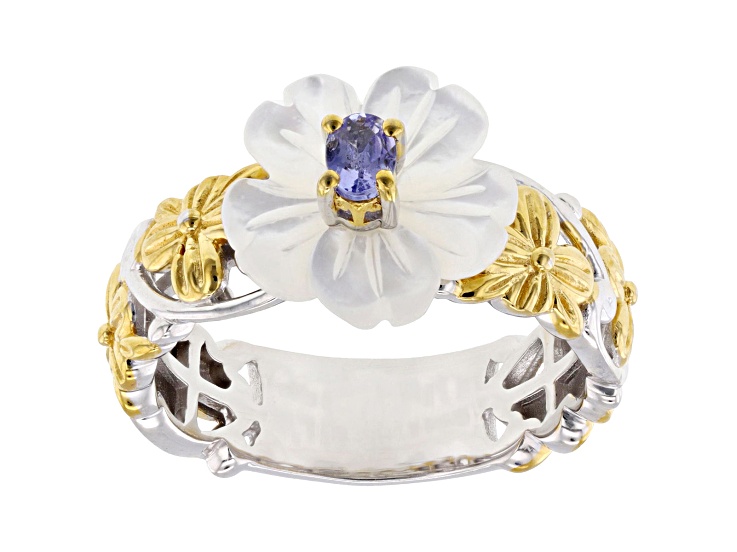 Blue Tanzanite and Mother-of-Pearl Rhodium & 24K Gold Over Palladium Sterling Silver Ring 0.19ct