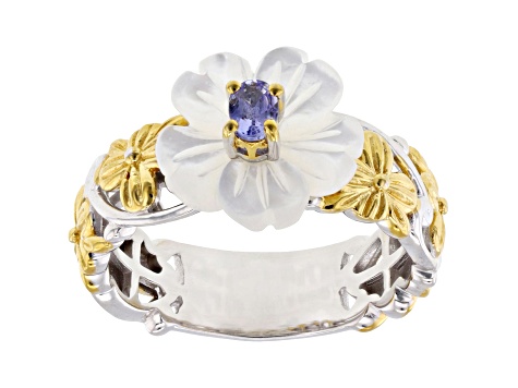 Blue Tanzanite and Mother-of-Pearl Rhodium & 24K Gold Over Palladium Sterling Silver Ring 0.19ct