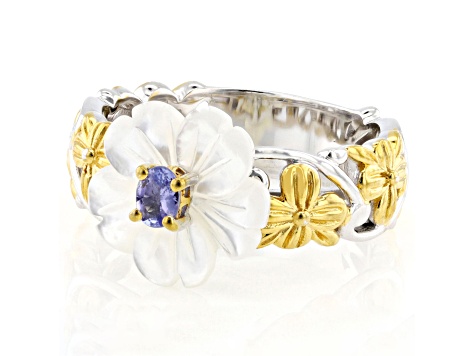 Blue Tanzanite and Mother-of-Pearl Rhodium & 24K Gold Over Palladium Sterling Silver Ring 0.19ct