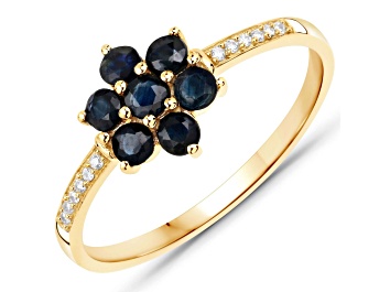 Picture of Blue Sapphire and White Diamond 10K Yellow Gold Floral Ring Gift For Mother