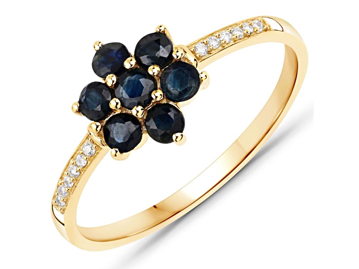 Blue Sapphire and White Diamond 10K Yellow Gold Floral Ring Gift For Mother