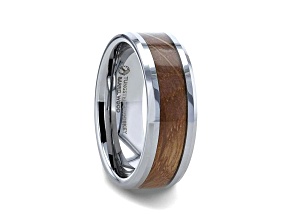 DISTILLED Whiskey Barrel Inlaid Tungsten Men's Wedding Band, Beveled Polished Whiskey Barrel Edges