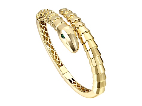 Emerald Cubic Zirconia, 14k Gold Plated Coiled Serpent Bypass Cuff Bracelet