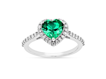 Picture of Lab Created Emerald and Moissanite Rhodium Over Sterling Silver Halo Heart Ring