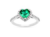 Lab Created Emerald and Moissanite Rhodium Over Sterling Silver Halo Heart Ring