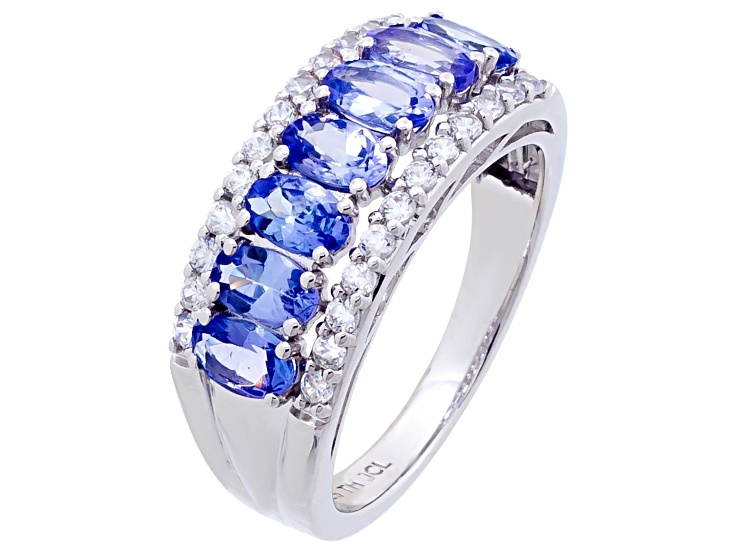 Blue Tanzanite and White Zircon Rhodium Over Sterling Silver Ring 1.80 cttw