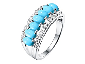 Kingman Turquoise and White Zircon Rhodium Over Sterling Silver Ring