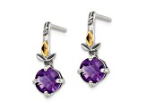 Sterling Silver Antiqued with 14K Accent Leaf Amethyst Dangle Post Earrings