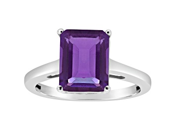 Picture of 10x8mm Emerald Cut Amethyst Rhodium Over Sterling Silver Ring