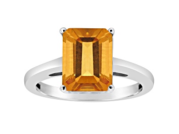 Picture of 10x8mm Emerald Cut Citrine Rhodium Over Sterling Silver Ring