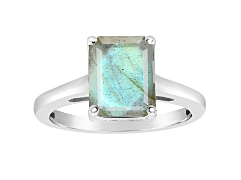 10x8mm Emerald Cut Labradorite Rhodium Over Sterling Silver Ring