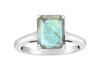 Picture of 10x8mm Emerald Cut Labradorite Rhodium Over Sterling Silver Ring