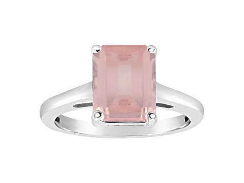 10x8mm Emerald Cut Rose Quartz Rhodium Over Sterling Silver Ring