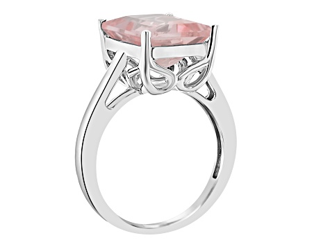 10x8mm Emerald Cut Rose Quartz Rhodium Over Sterling Silver Ring