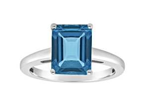 10x8mm Emerald Cut London Blue Topaz Rhodium Over Sterling Silver Ring