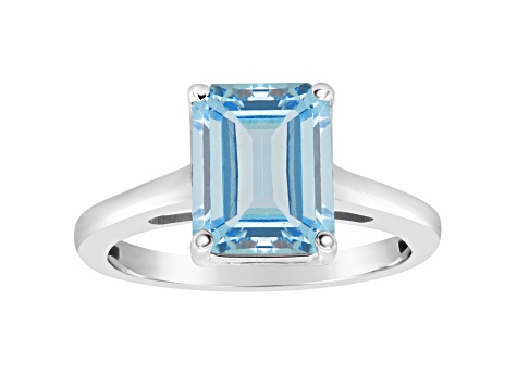 10x8mm Emerald Cut Sky Blue Topaz Rhodium Over Sterling Silver Ring